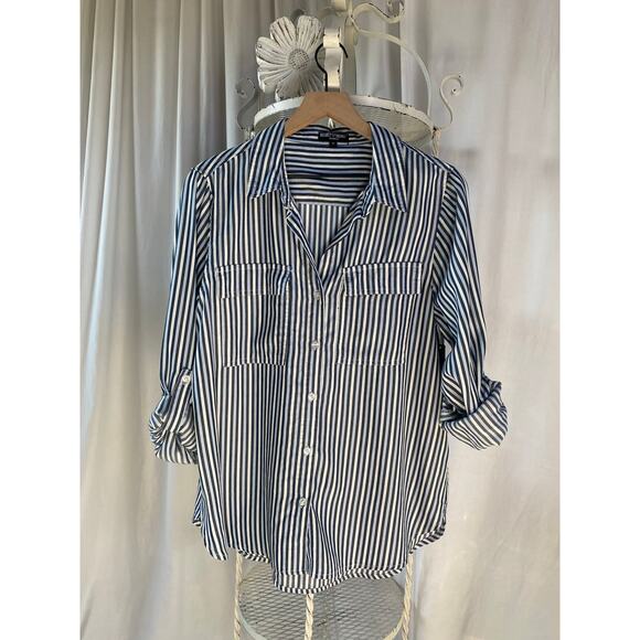 Velvet Heart Shirt Button Down Blue and White Stripe Roll Tab Sleeves Tencel Lg - Picture 2 of 10